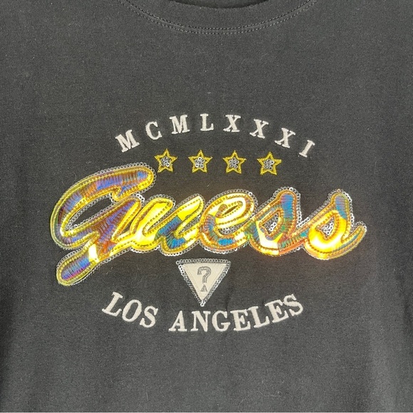 GUESS Womens 1981 Gold Applique Sequins Embroidery 80s 90s Biker Black Tshirt S - Picture 3 of 3